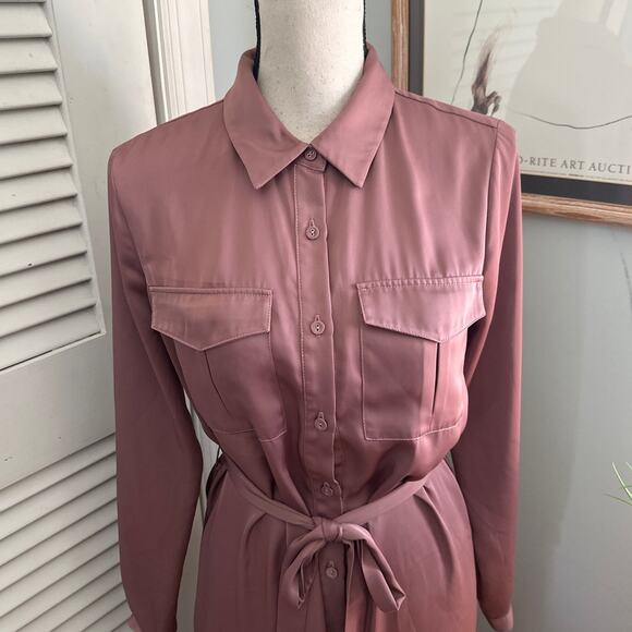 LACADEMIE Womens Shirt Dress Mauve Satin Maxi Belted Quiet Luxury Minimalist S - Picture 3 of 15